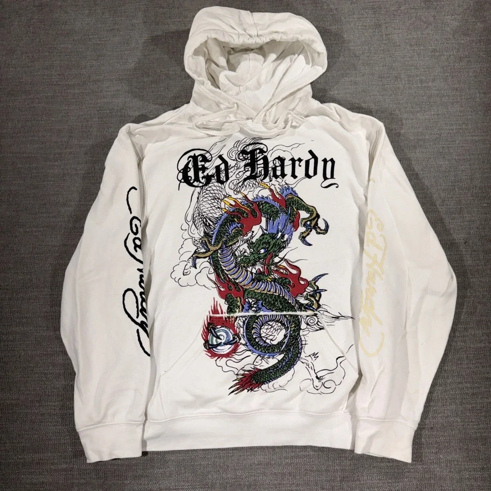 Ed Hardy Graphic Hoodie Mens Large White Excellent Dragon Tattoo Y2K Streetwear